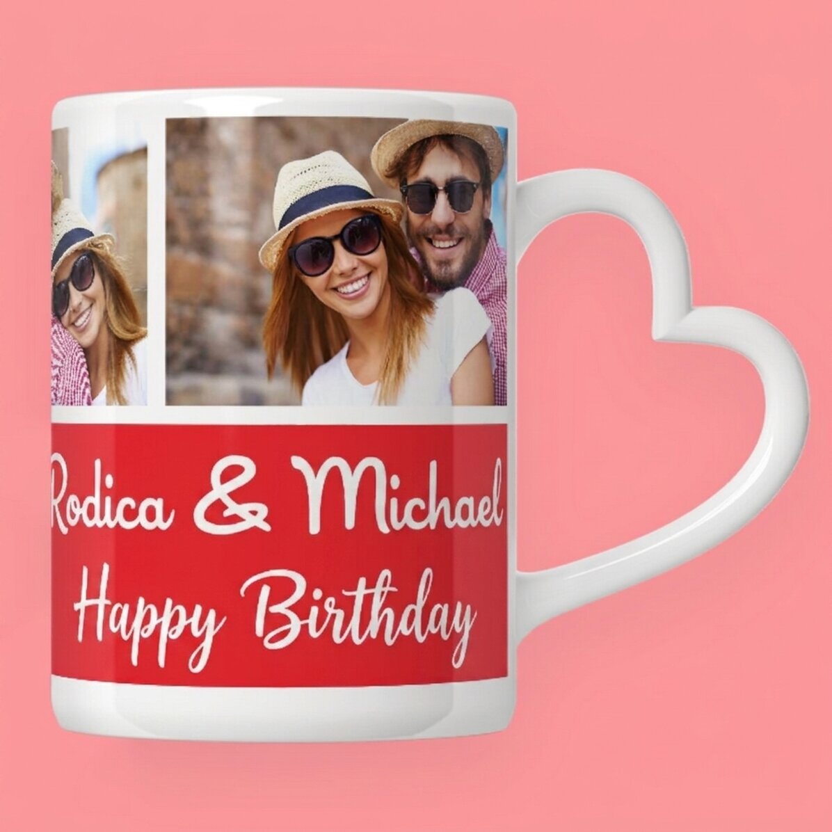 Tazza personalizzata con 3 foto e testo - modello con manico a forma di cuore