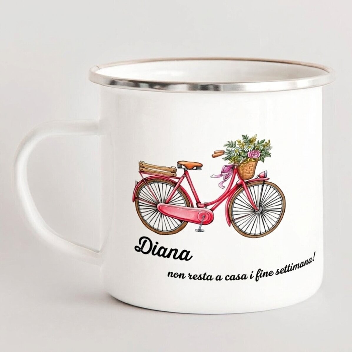 Tazza in metallo smaltato personalizzata - modello bicicletta retrò