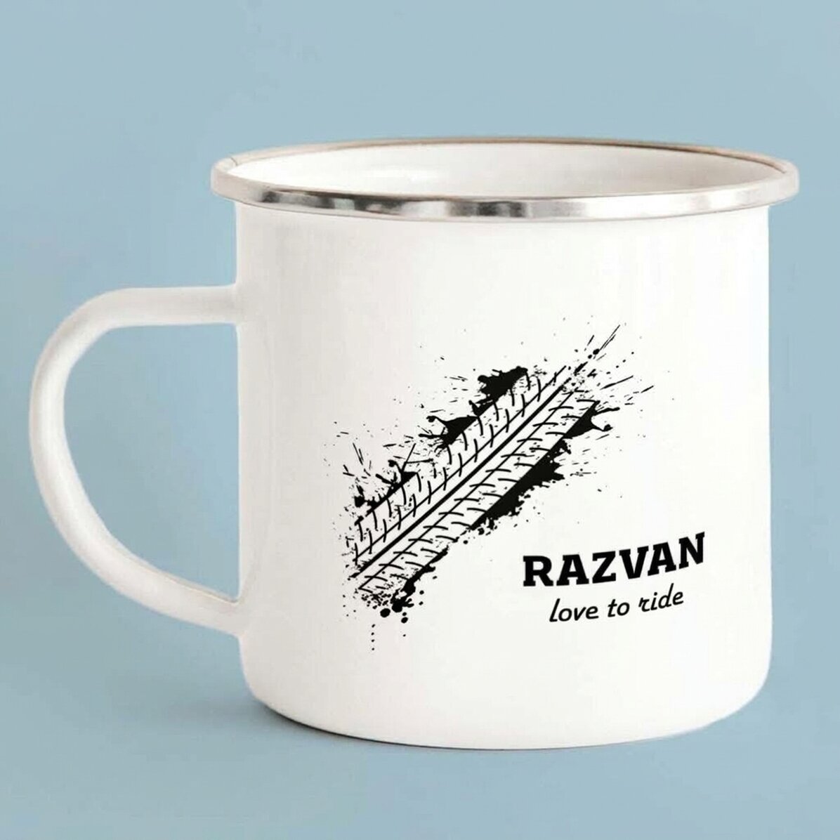 Tazza in metallo smaltato personalizzata - love to ride