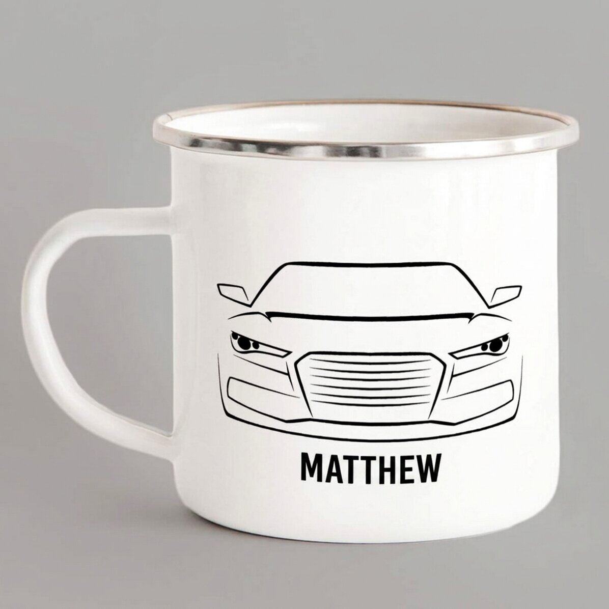 Tazza in metallo smaltato personalizzata per gli appassionati di auto
