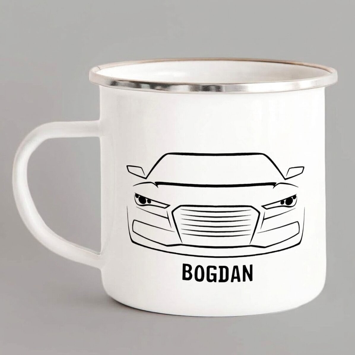 Tazza in metallo smaltato personalizzata per gli appassionati di auto