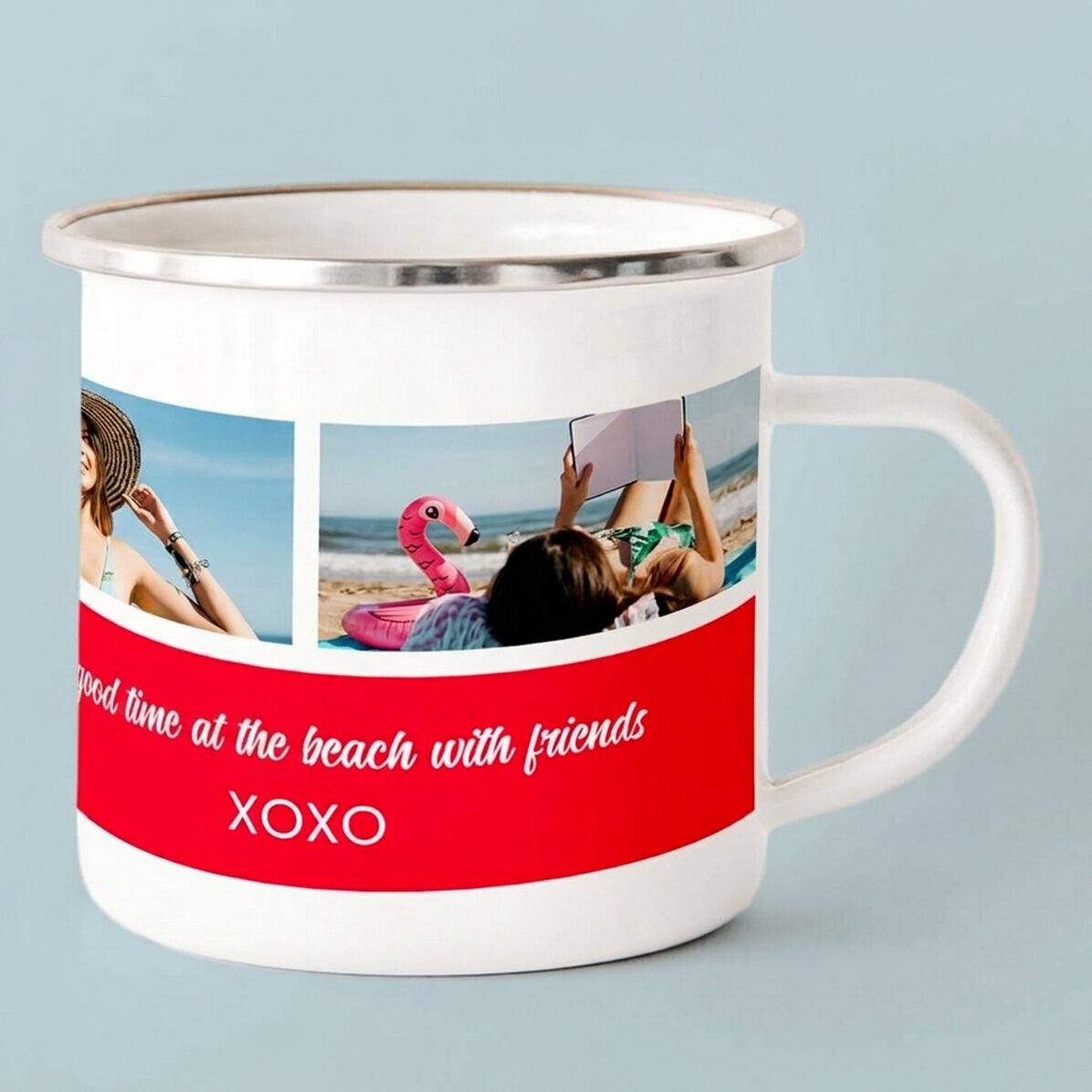 Tazza in metallo smaltato personalizzata con 3 foto e un testo
