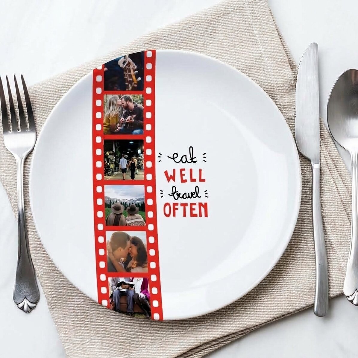 Piatto personalizzato con 6 foto - Mangia bene, viaggia spesso