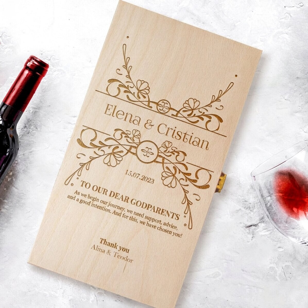 Confezione personalizzata per due bottiglie di vino - Messaggio per i padrini