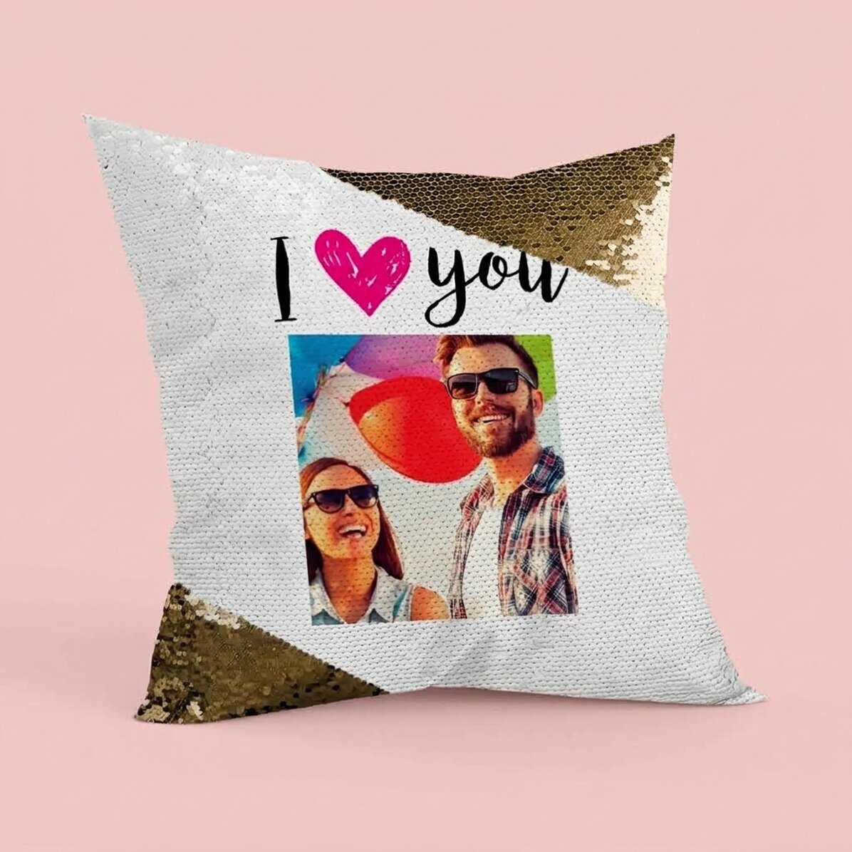 Cuscino con paillettes personalizzato con foto - I love you