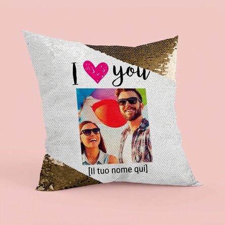 Cuscino con paillettes personalizzato con foto - I love you