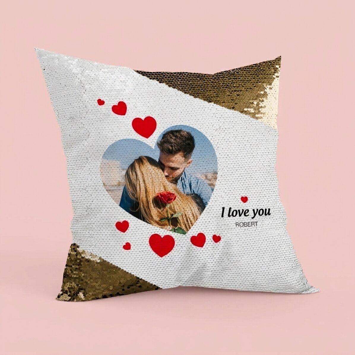 Cuscino con paillettes personalizzato con una foto e un messaggio d