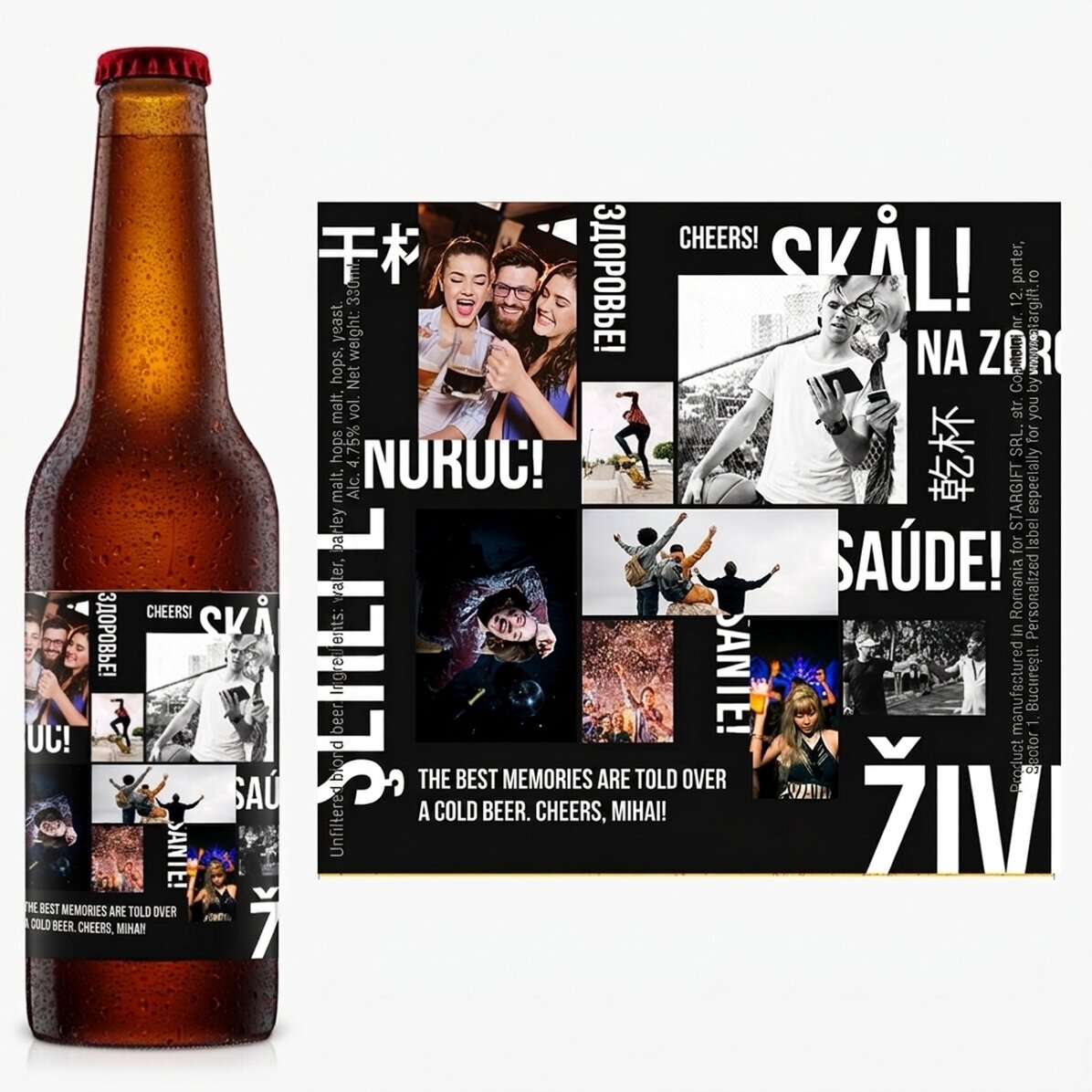 Birra personalizzata con testo e 8 foto - Salute!