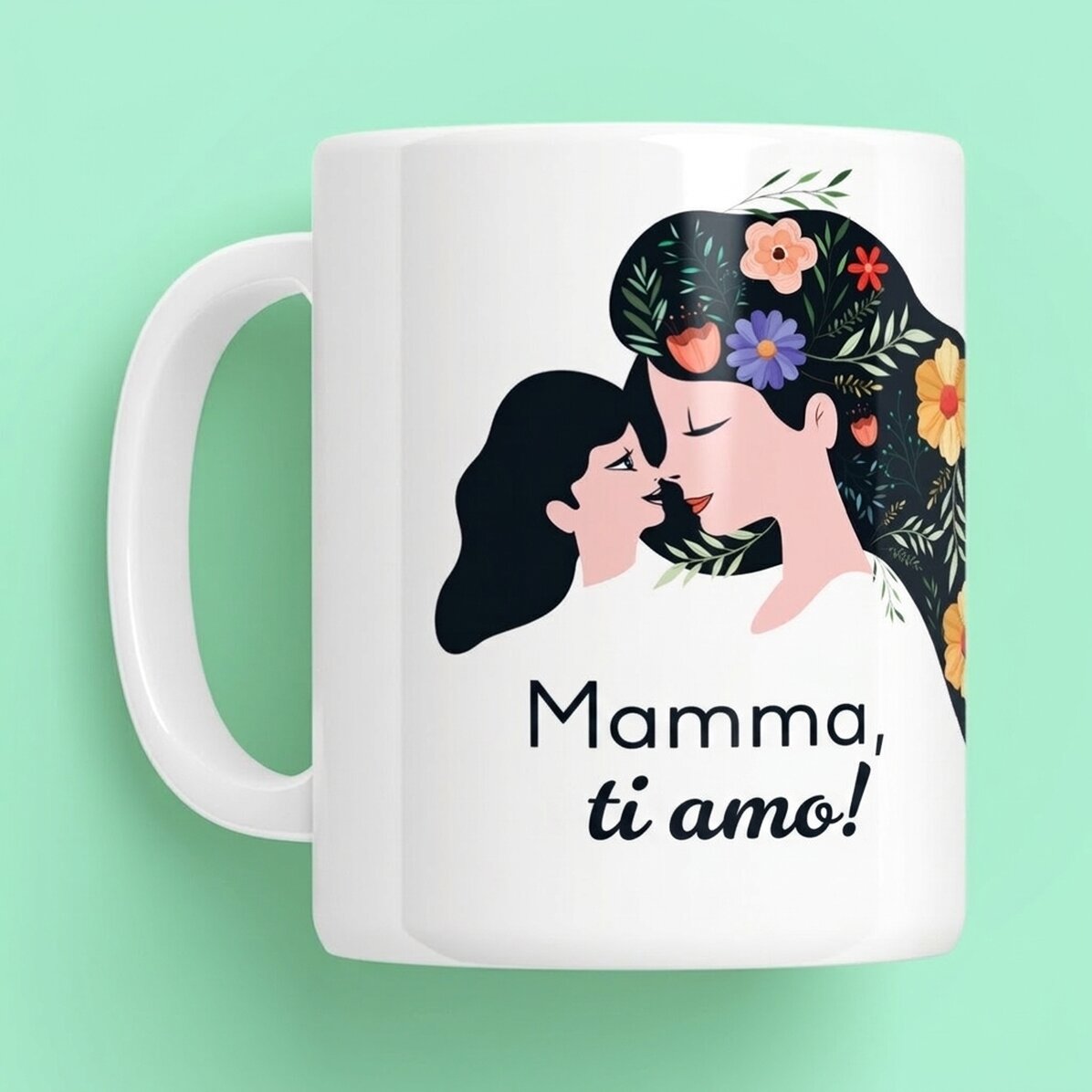 Tazza personalizzata con la scritta: "Mamma, ti voglio bene!"