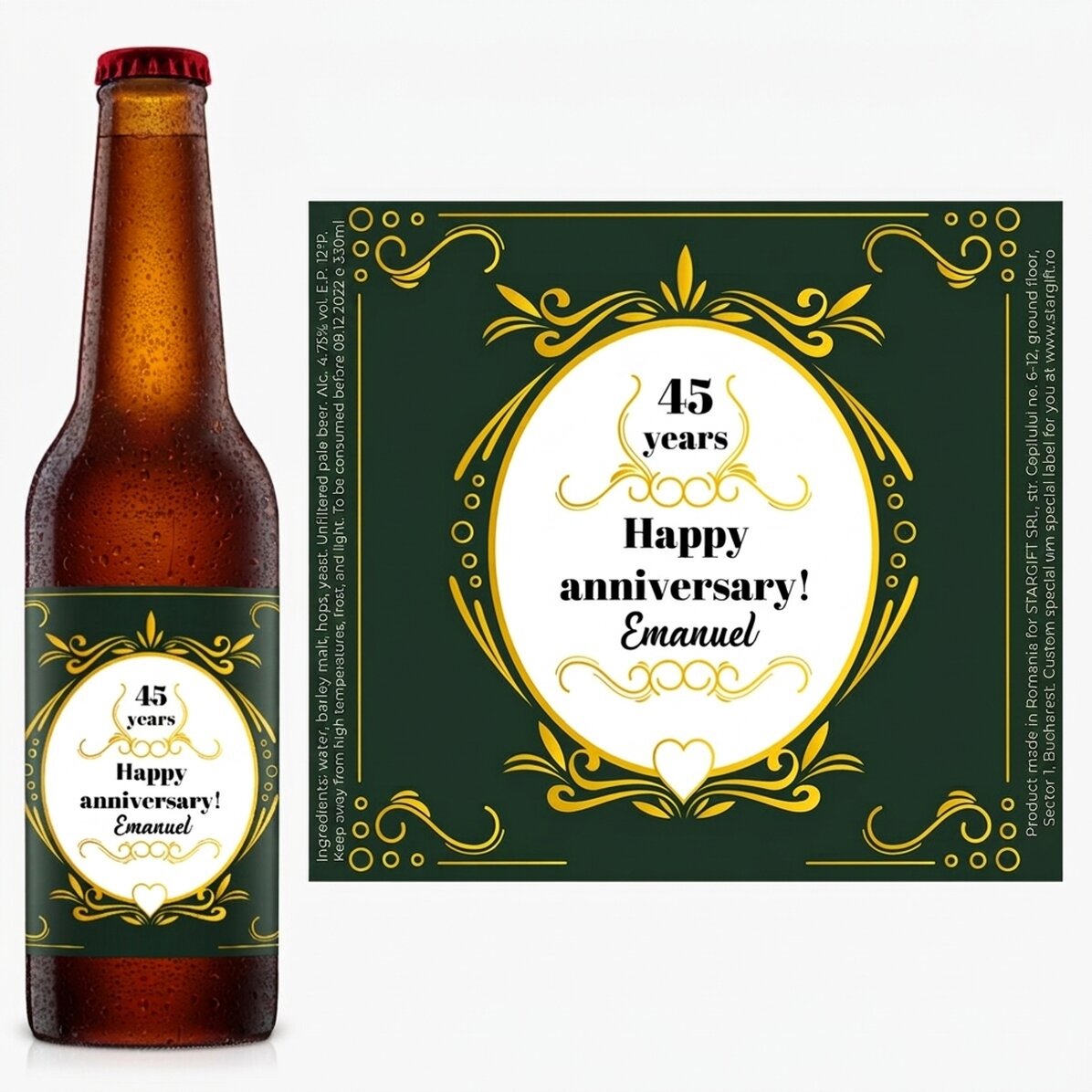 Birra personalizzata con la scritta: “Happy anniversary!”