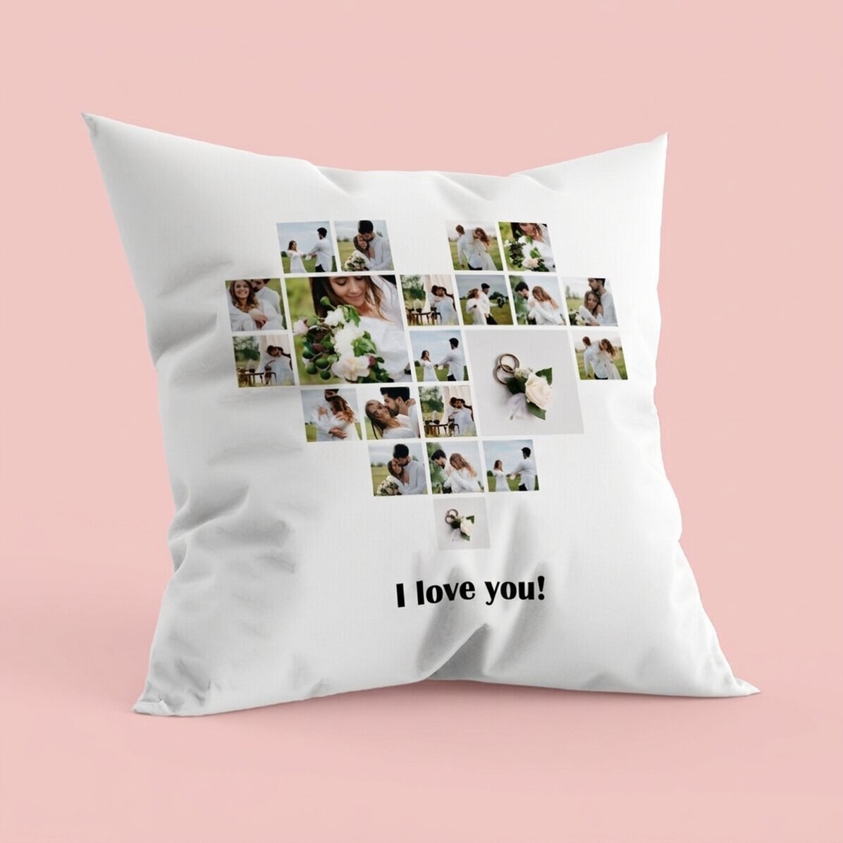 Cuscino personalizzato con 21 foto a forma di cuore e una scritta