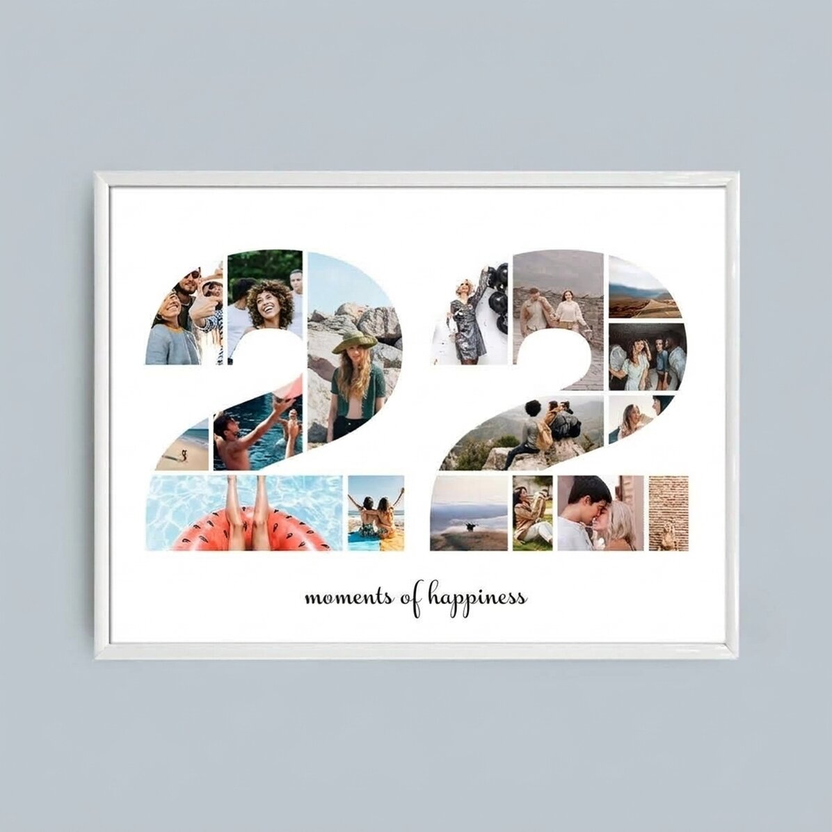 Quadro paesaggistico personalizzato con 17 foto del modello n. 22 e messaggio di testo
