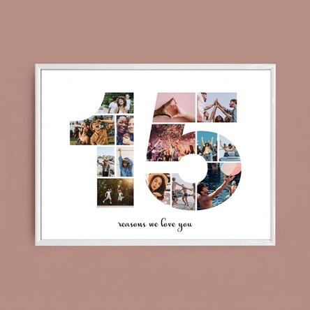 Personalised landscape canvas with 14 photos, model number 15 and text message
