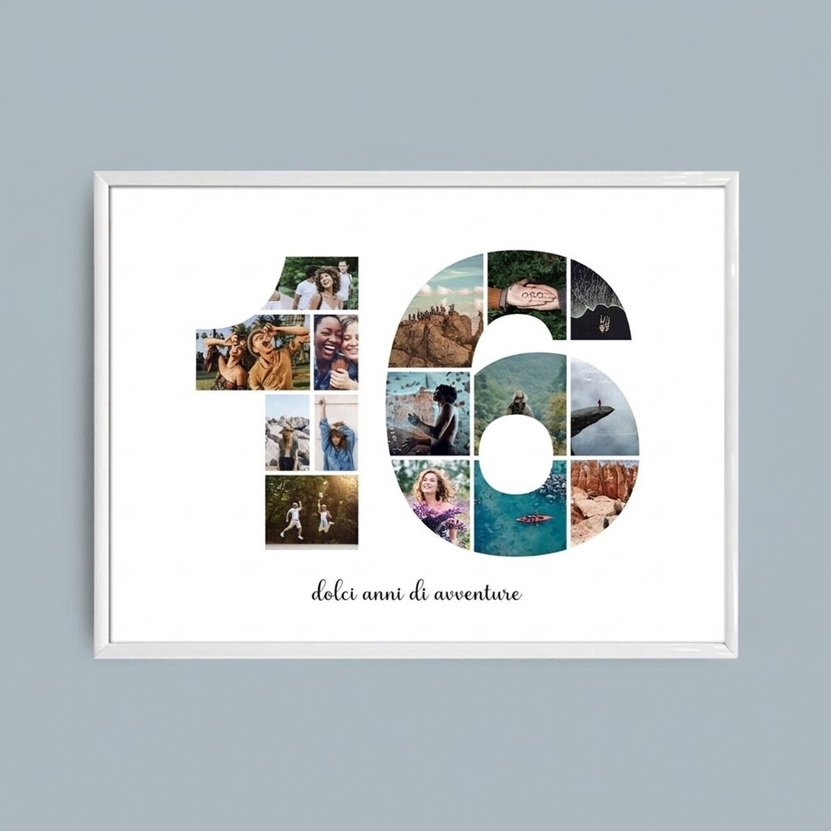 Quadro paesaggistico personalizzato con 15 foto, modello n. 16 e messaggio di testo