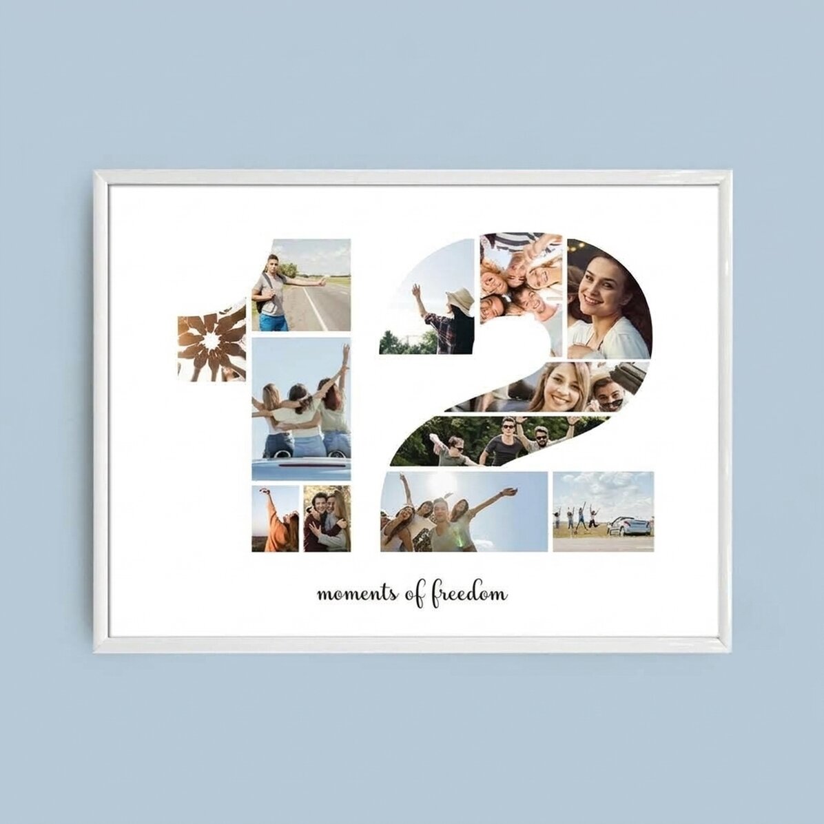 Quadro paesaggistico personalizzato con 12 foto, modello n. 12 e messaggio di testo