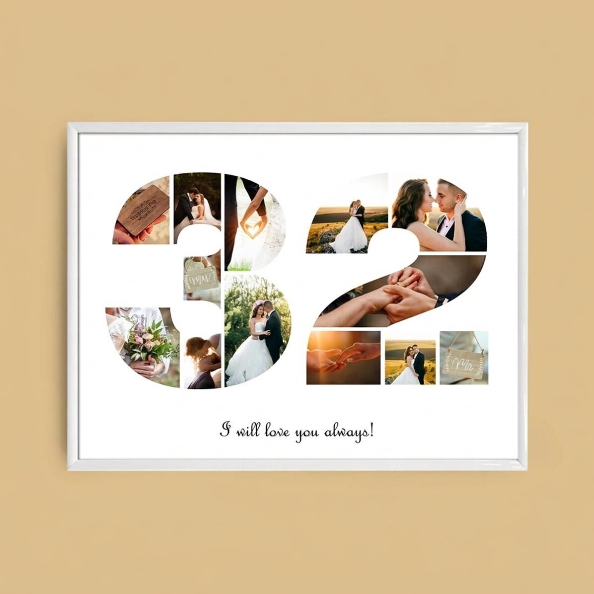 Quadro paesaggistico personalizzato con 13 foto, modello n. 32 e messaggio di testo
