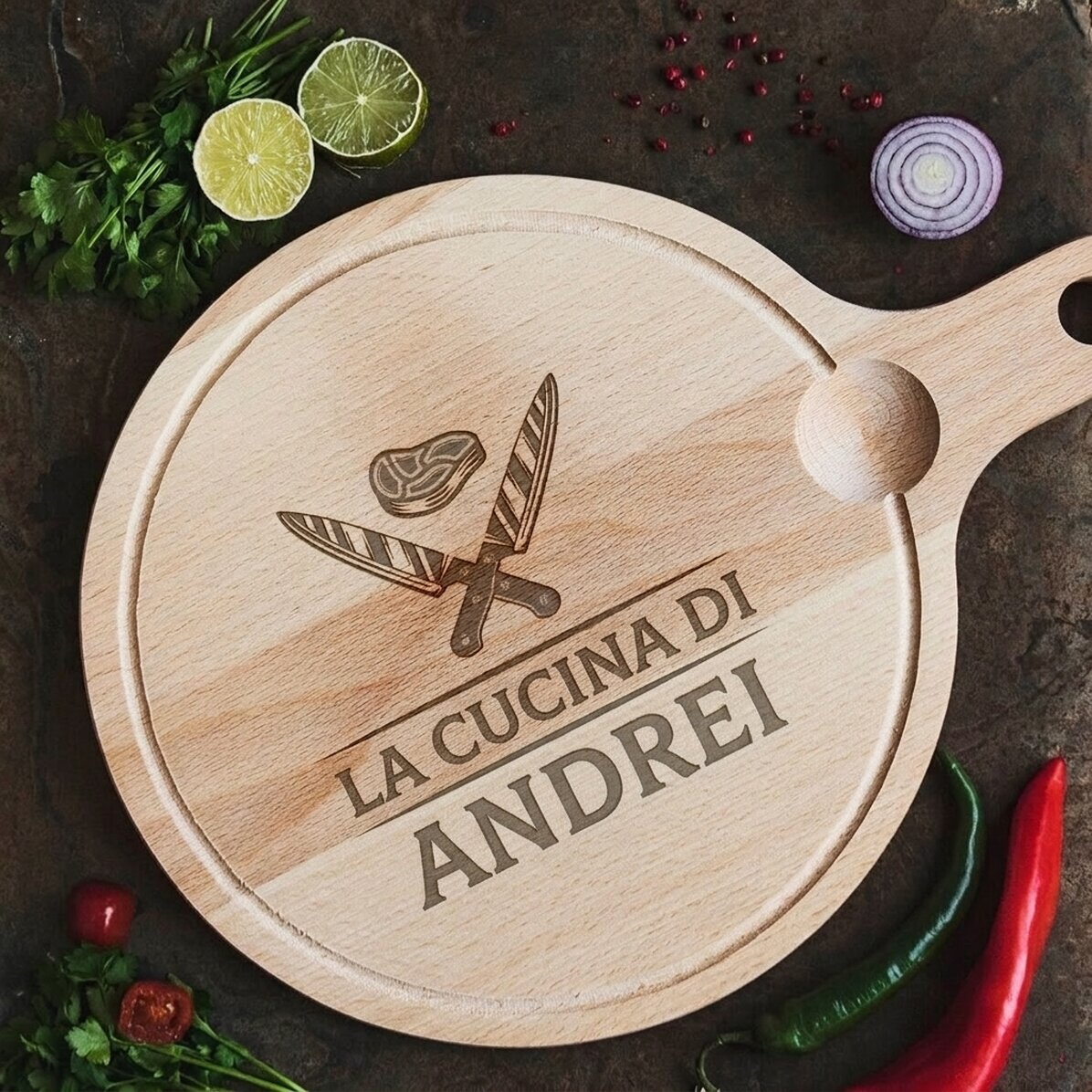 Tagliere rotondo con manico personalizzato - Coltelli