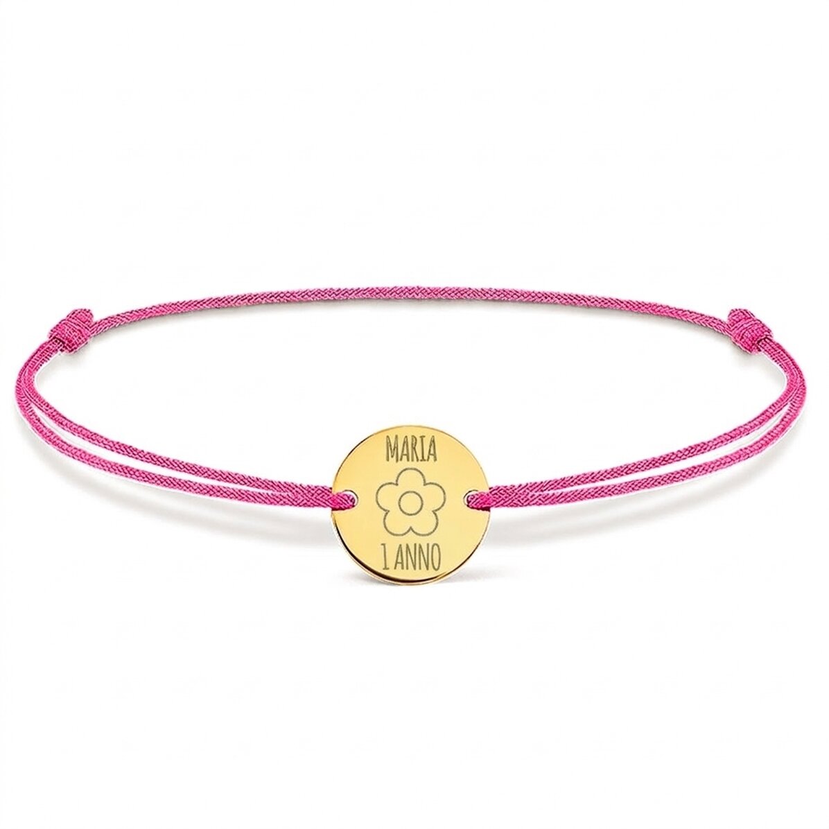 Braccialetto con cordoncino personalizzato - medaglione da 14 mm - argento 925 - modello a fiorellin