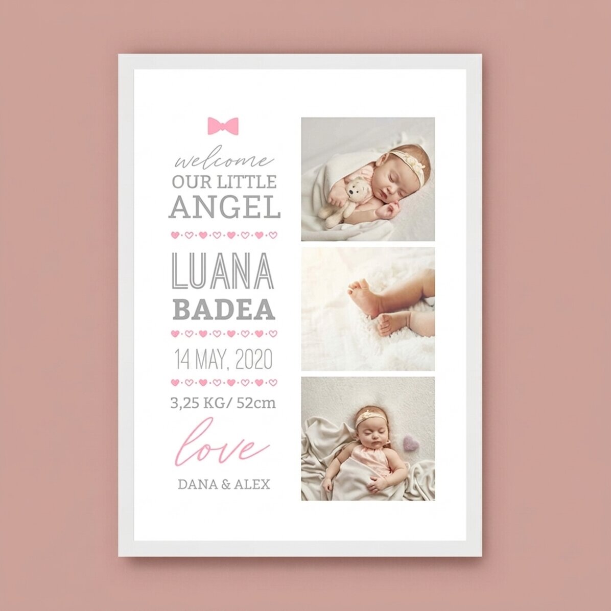Quadro personalizzato con testo e 3 foto - Hello, baby (Bambina)