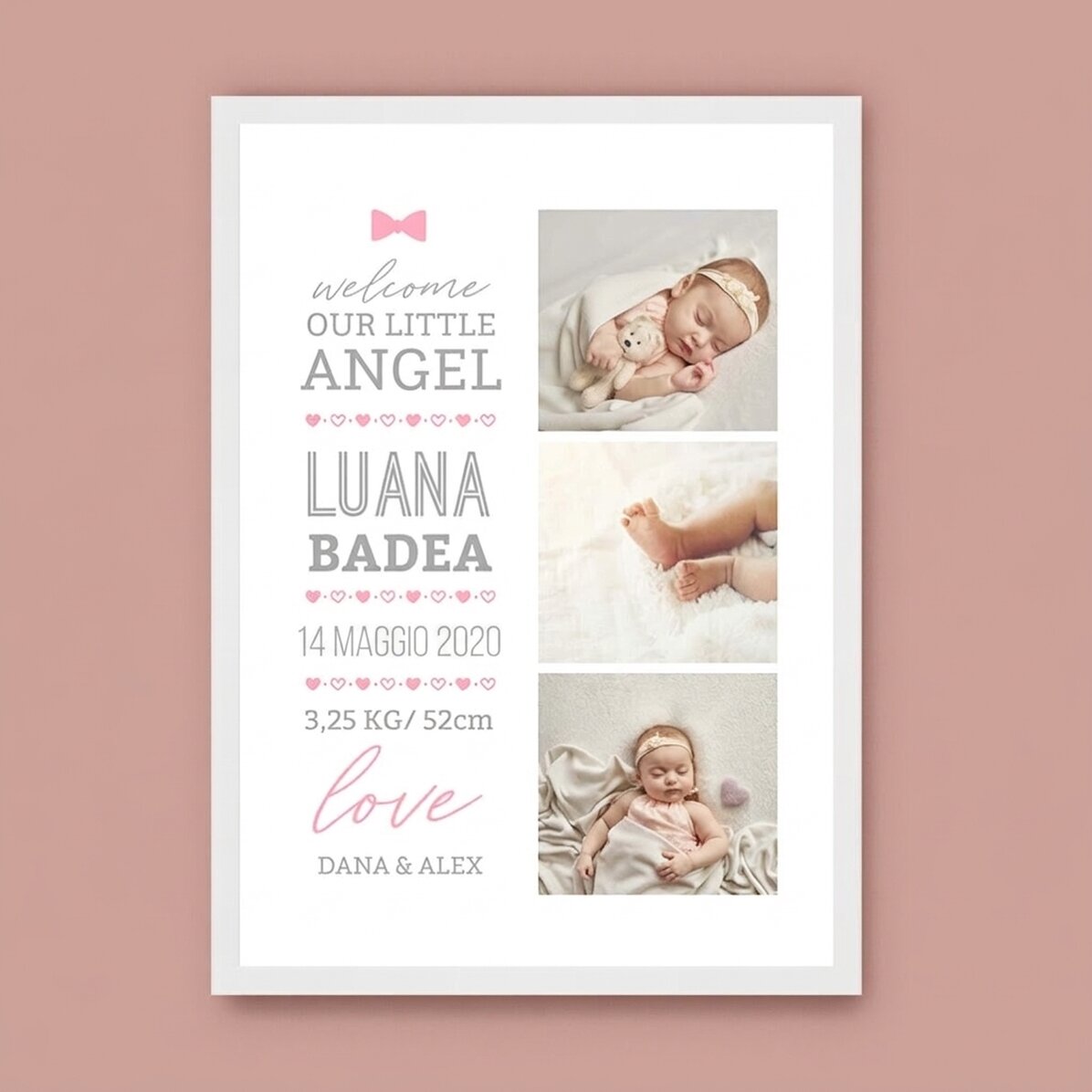 Quadro personalizzato con testo e 3 foto - Hello, baby (Bambina)