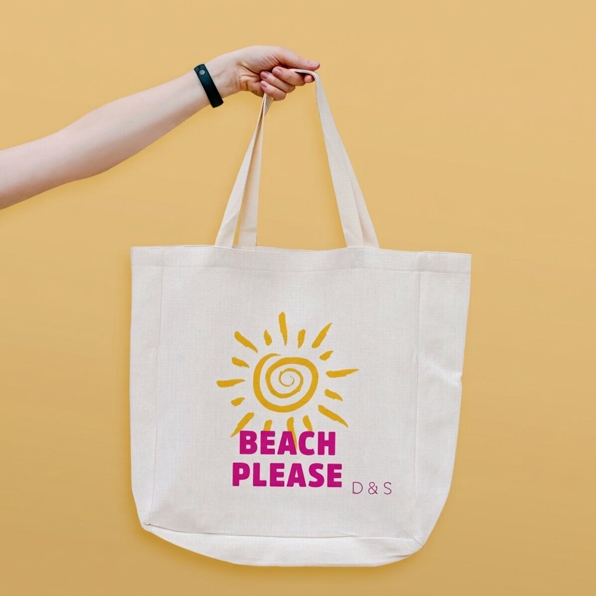 Borsa da spiaggia personalizzata con scritta - Modello "Beach please" con motivo a sole