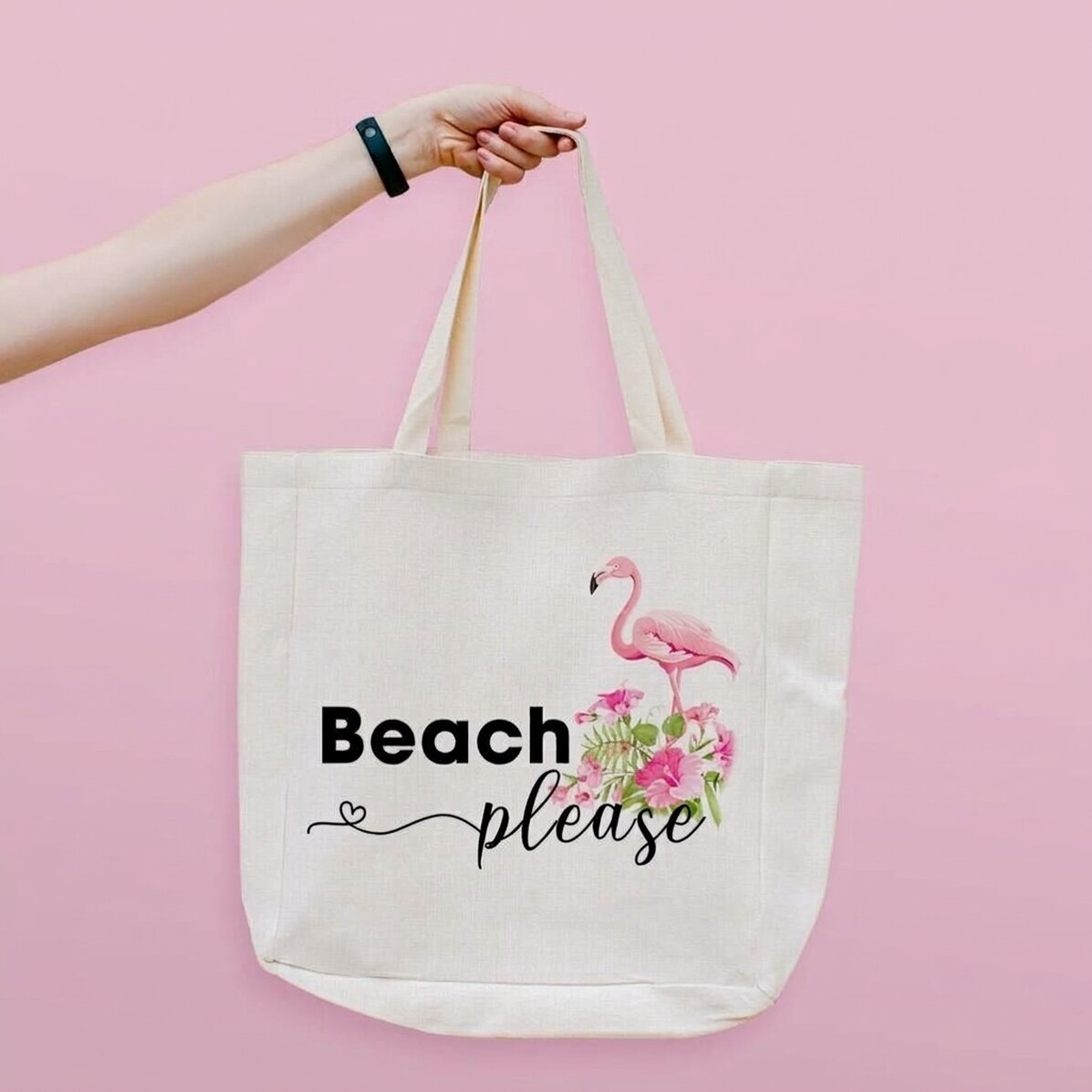 Borsa da spiaggia personalizzata con scritta - Modello "Beach please" con fenicotteri