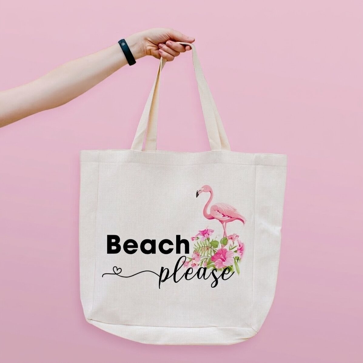Borsa da spiaggia personalizzata con scritta - Modello "Beach please" con fenicotteri