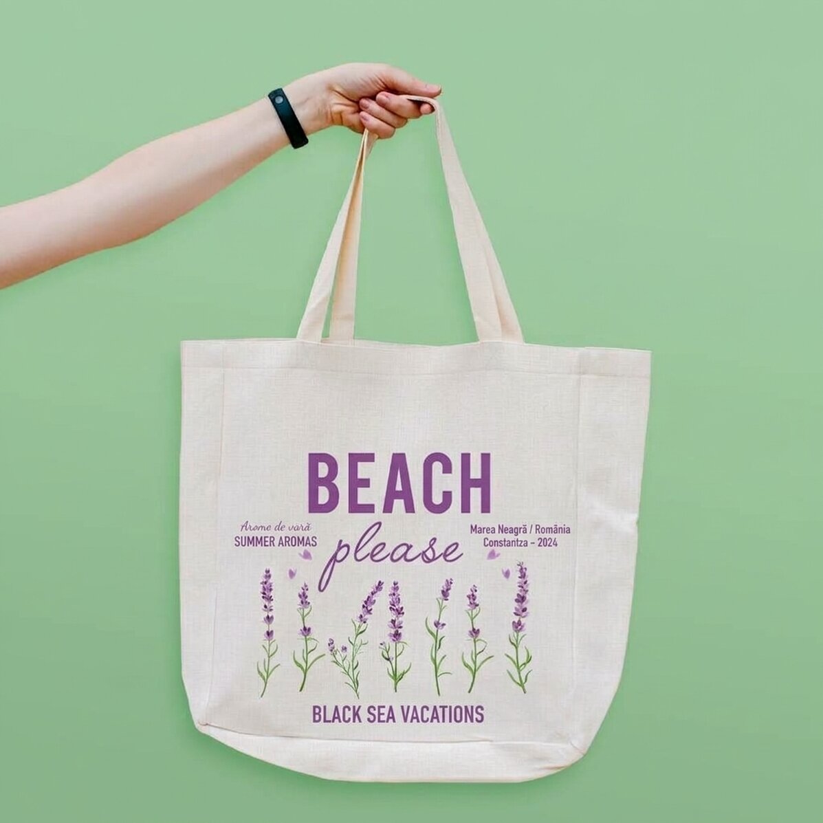 Borsa da spiaggia personalizzata con scritta - Modello "Beach please" color lavanda