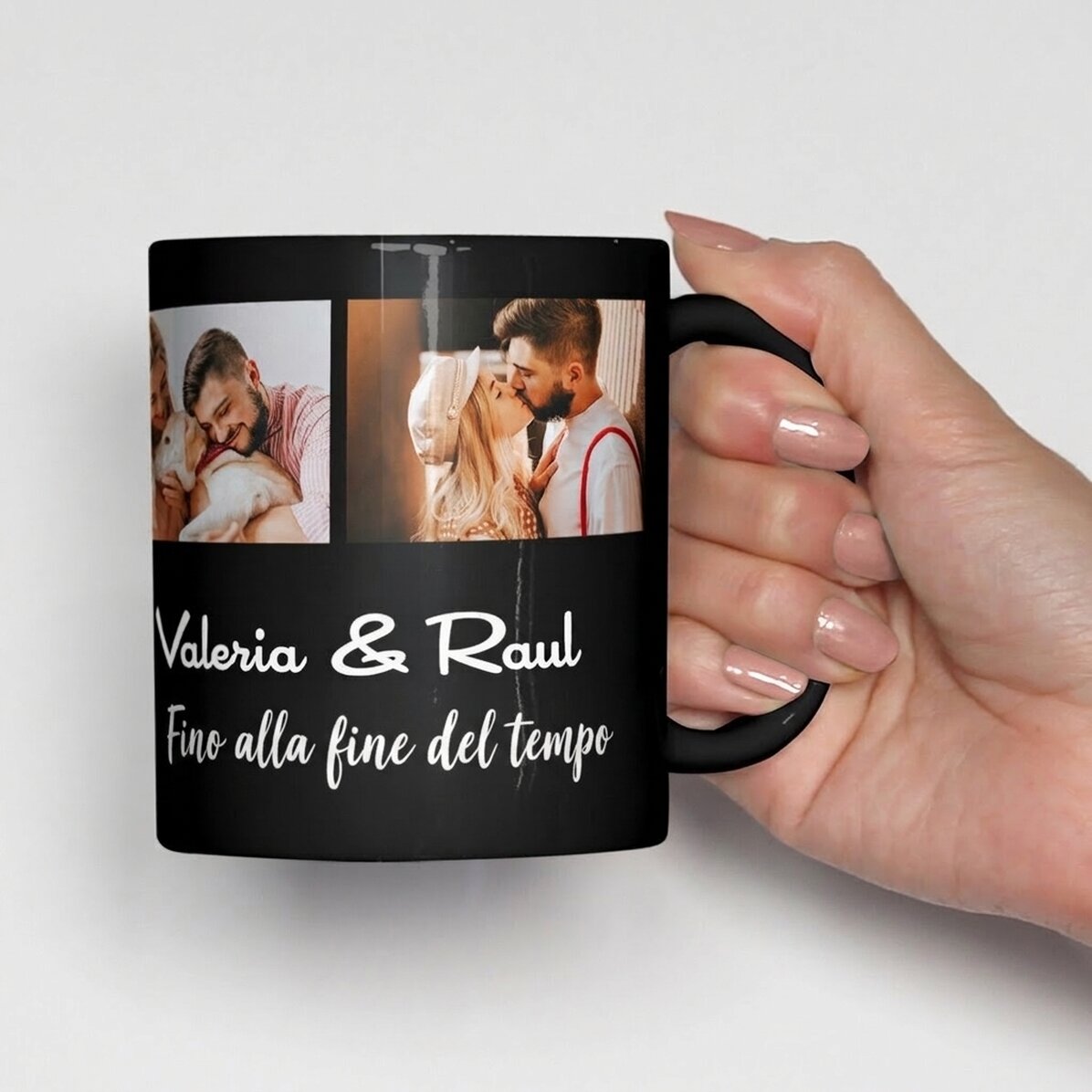 Tazza nera personalizzata con caricamento di 3 foto e testo