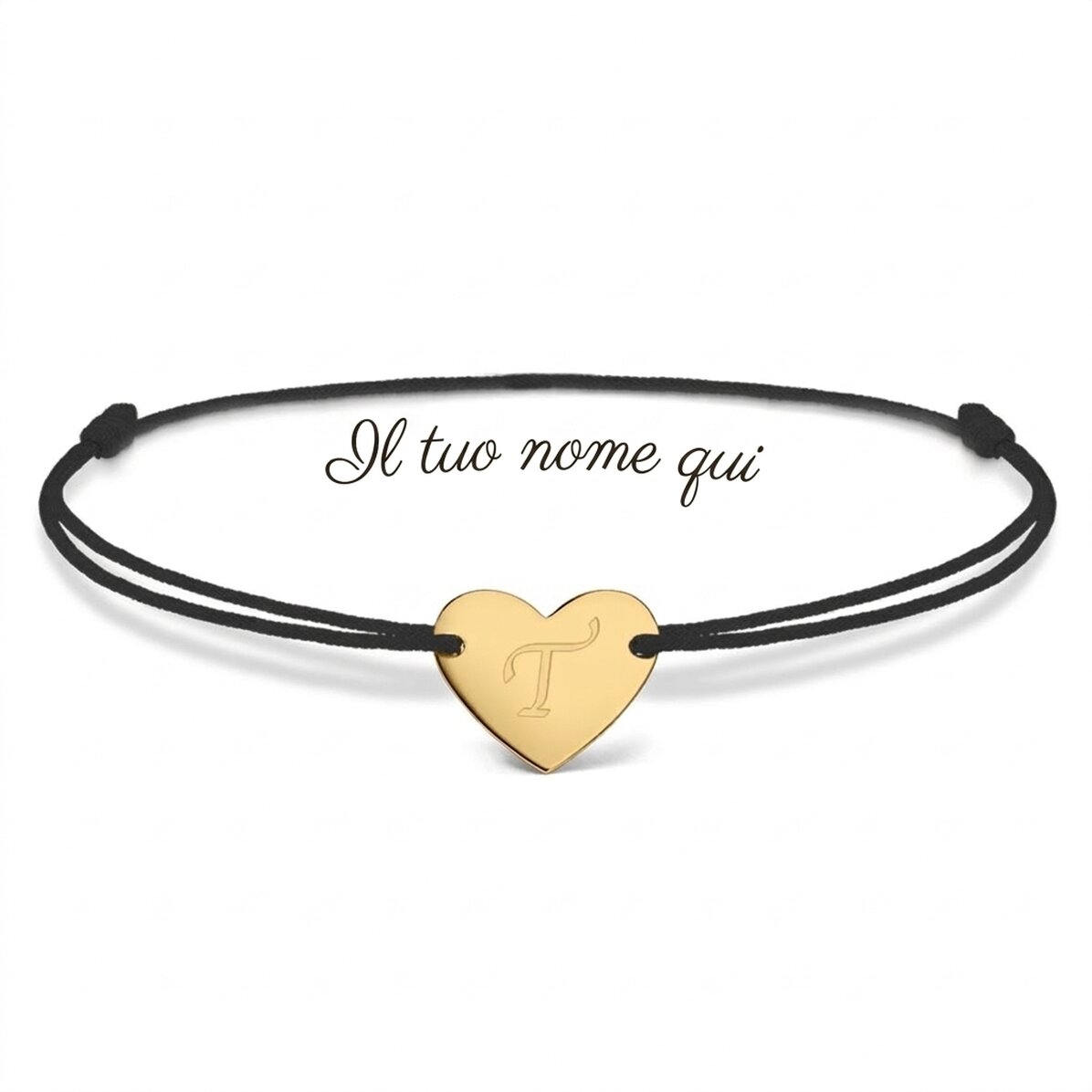 Braccialetto con cordoncino personalizzato - cuore 12x10 mm - argento 925 - modello iniziale 6
