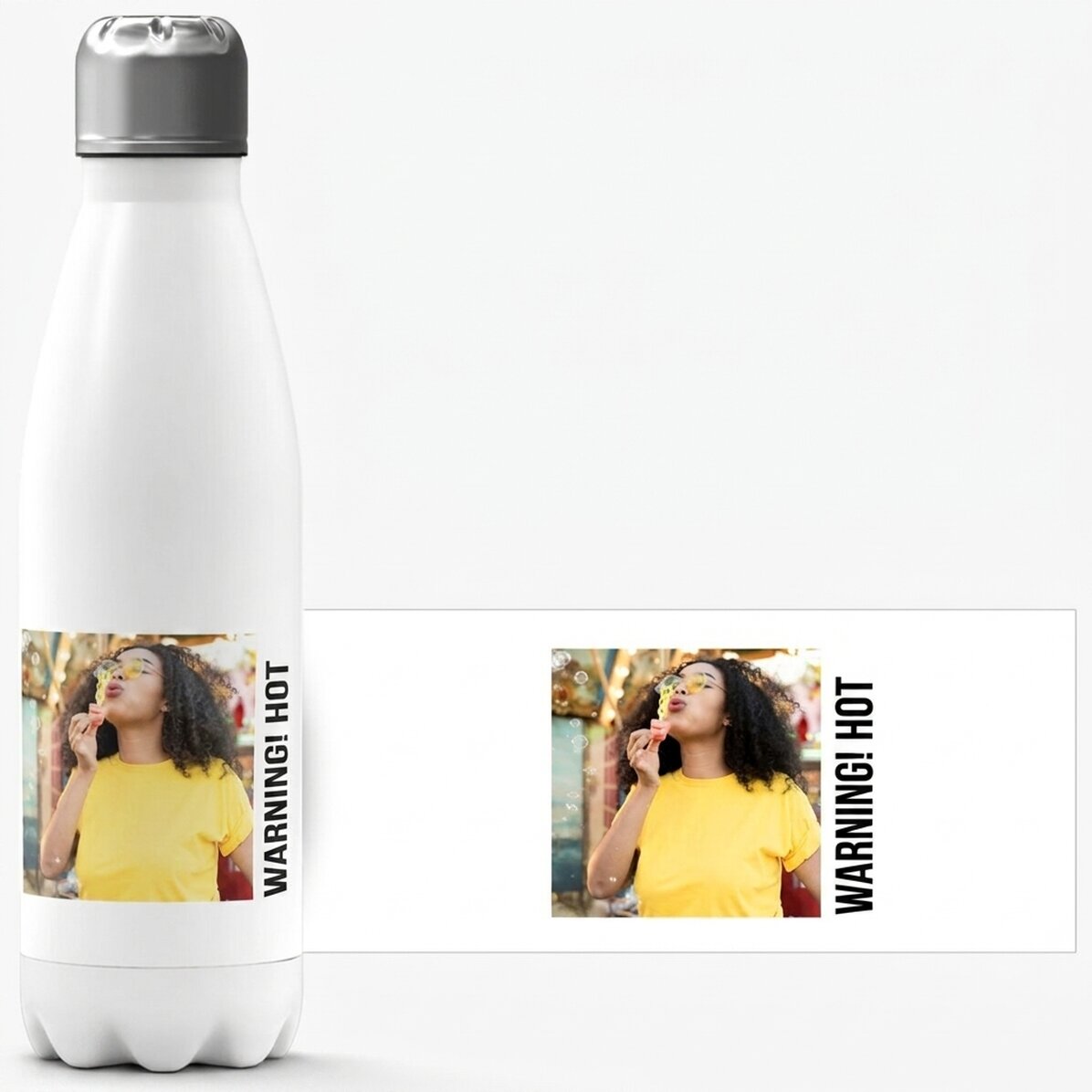 Thermos con base bianca personalizzato con una foto e una scritta