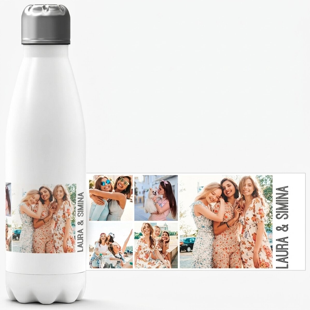 Thermos con base bianca personalizzato con 5 foto e testo