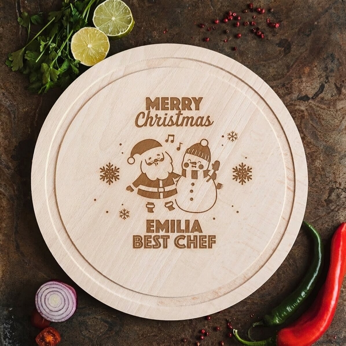 Tagliere rotondo personalizzato - Santa & The Snowman