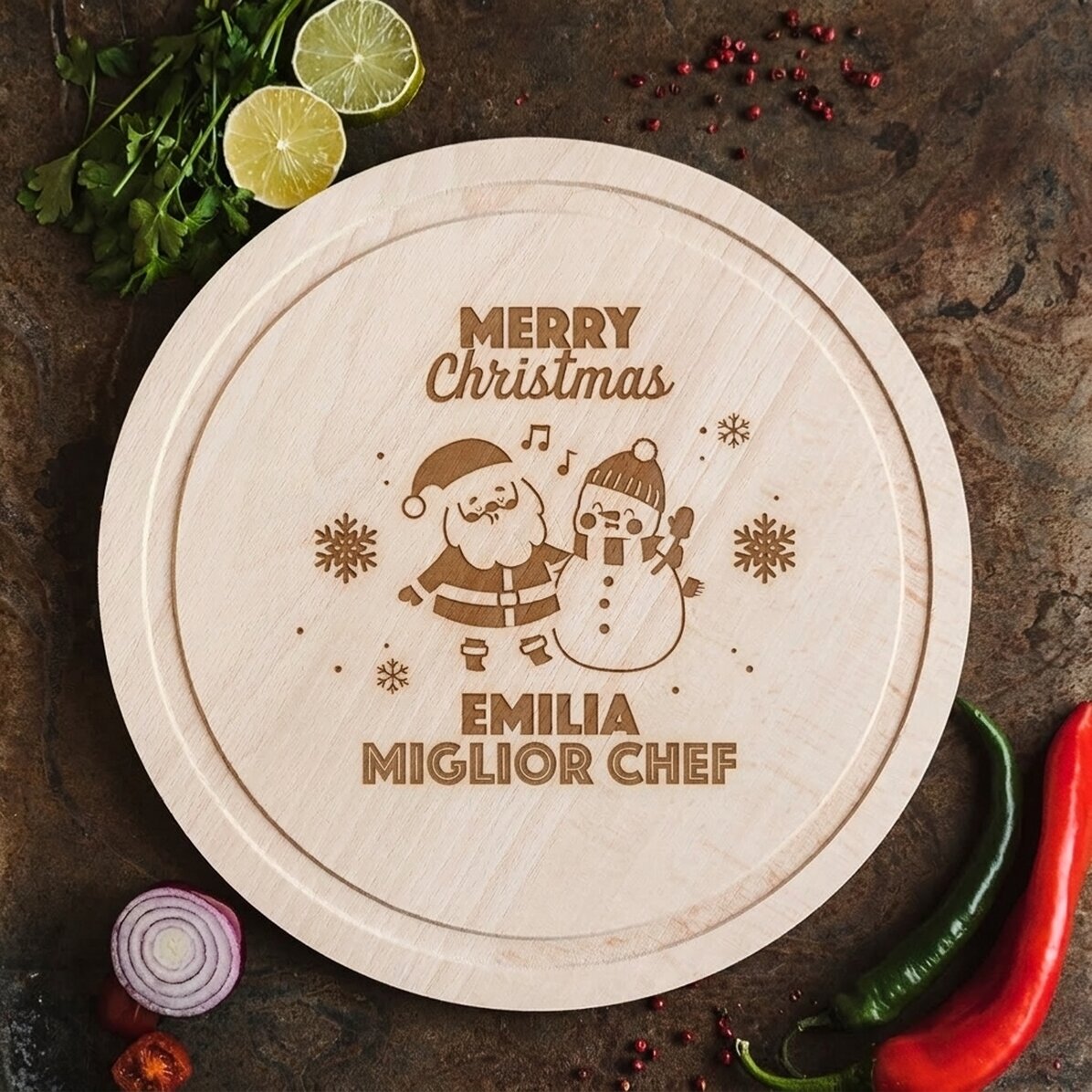 Tagliere rotondo personalizzato - Santa & The Snowman