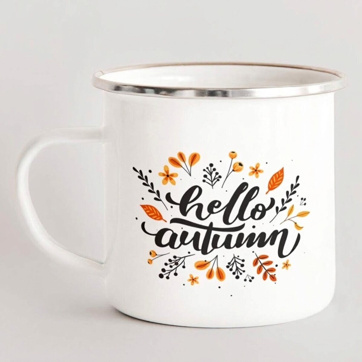 Tazza in metallo smaltato con scritta - hello autumn