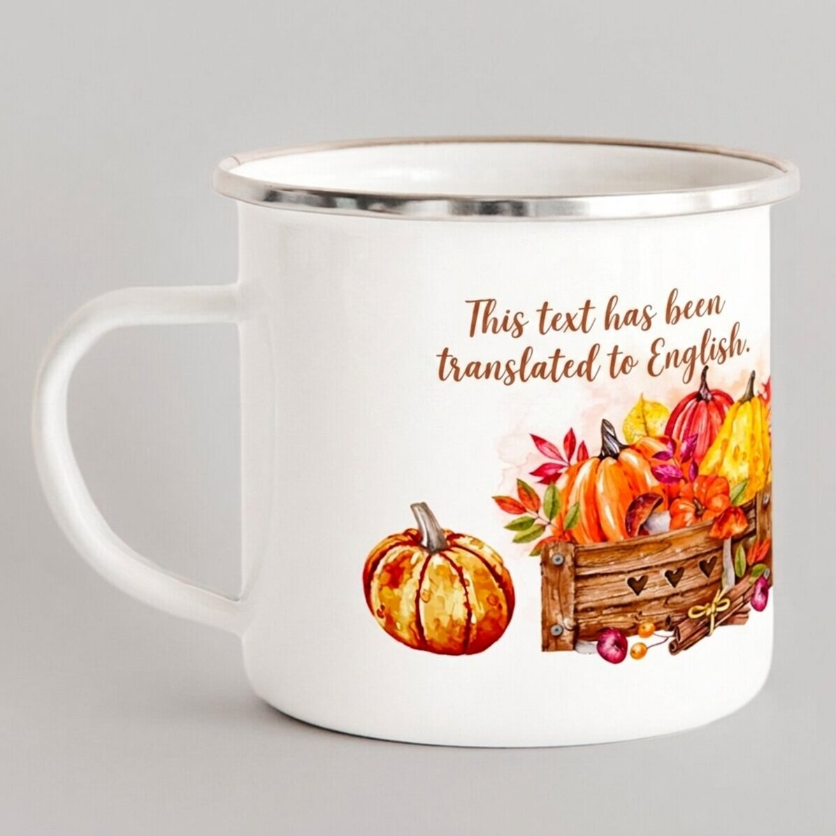 Tazza in metallo smaltato con scritta - Hello, pumpkin