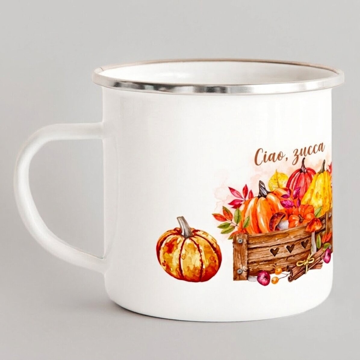 Tazza in metallo smaltato con scritta - Hello, pumpkin