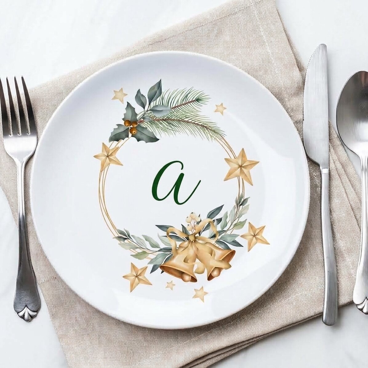 Piatto personalizzato con iniziale - Golden Christmas Bells