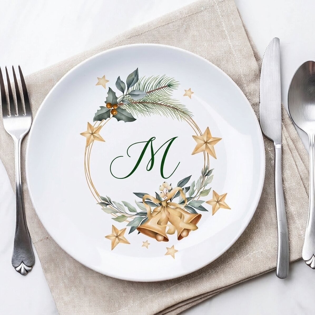 Piatto personalizzato con iniziale - Golden Christmas Bells