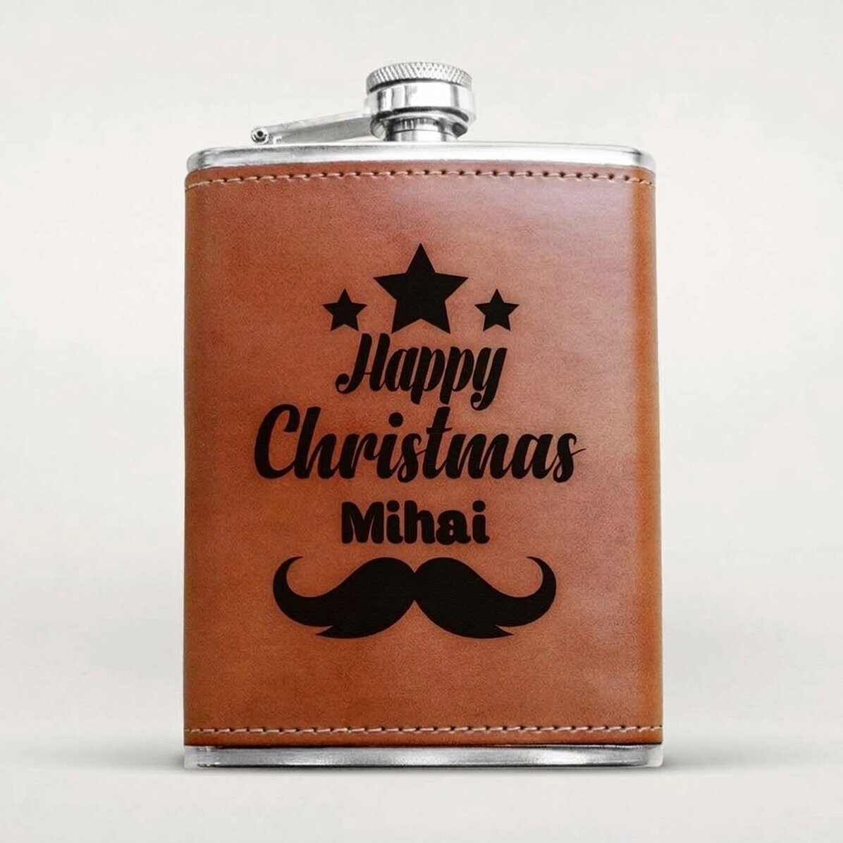 Bottiglietta tascabile personalizzata rivestita in pelle - Happy Christmas