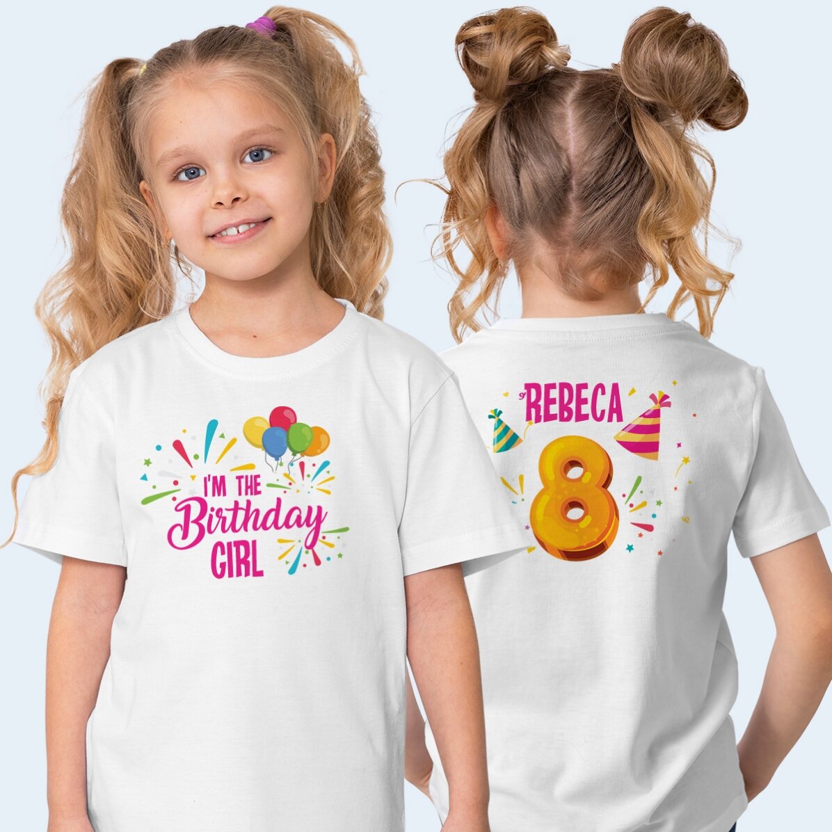 Personalised cotton T-shirt for children, front and back, for birthdays