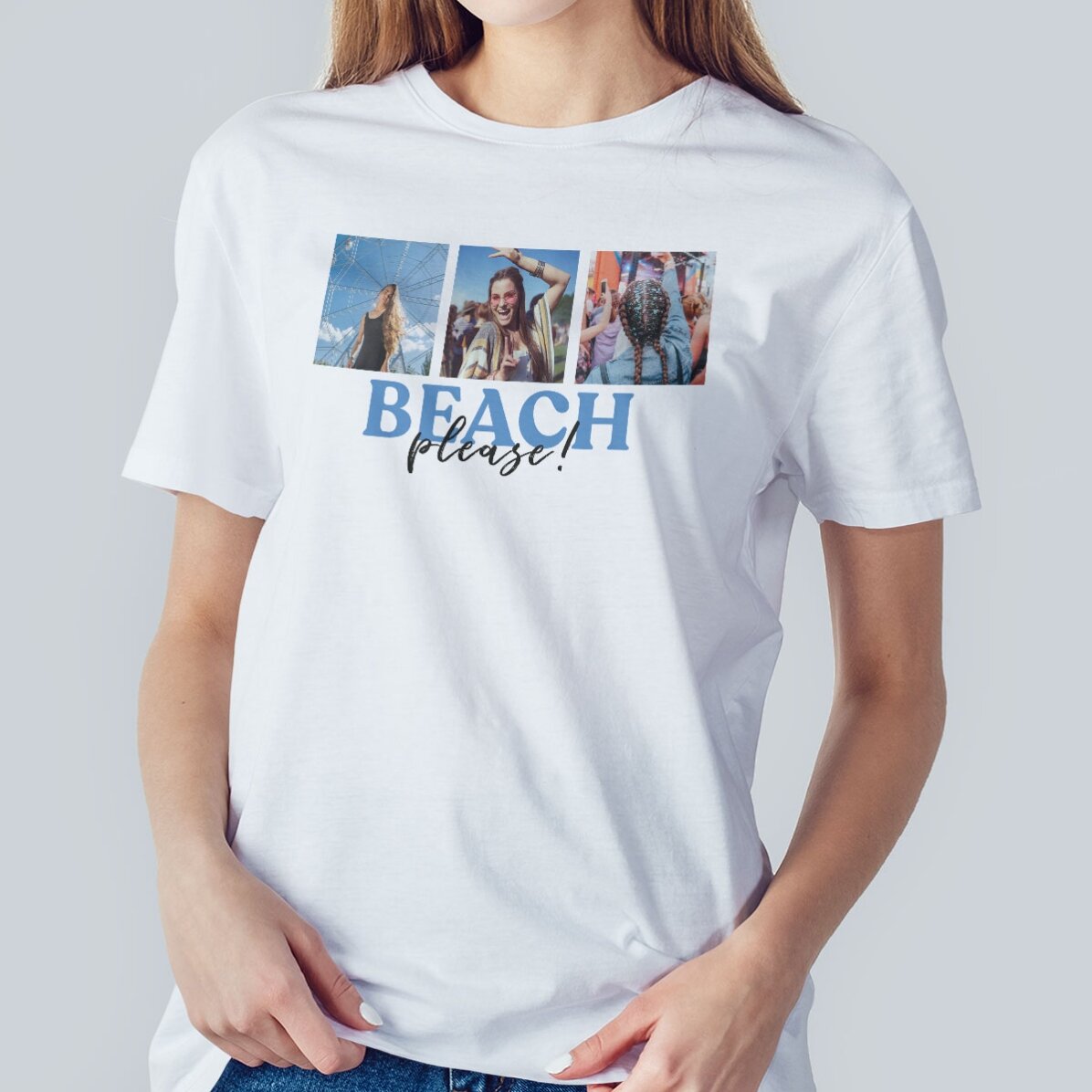 Maglietta in cotone personalizzata con 3 foto e un messaggio - Beach, please!