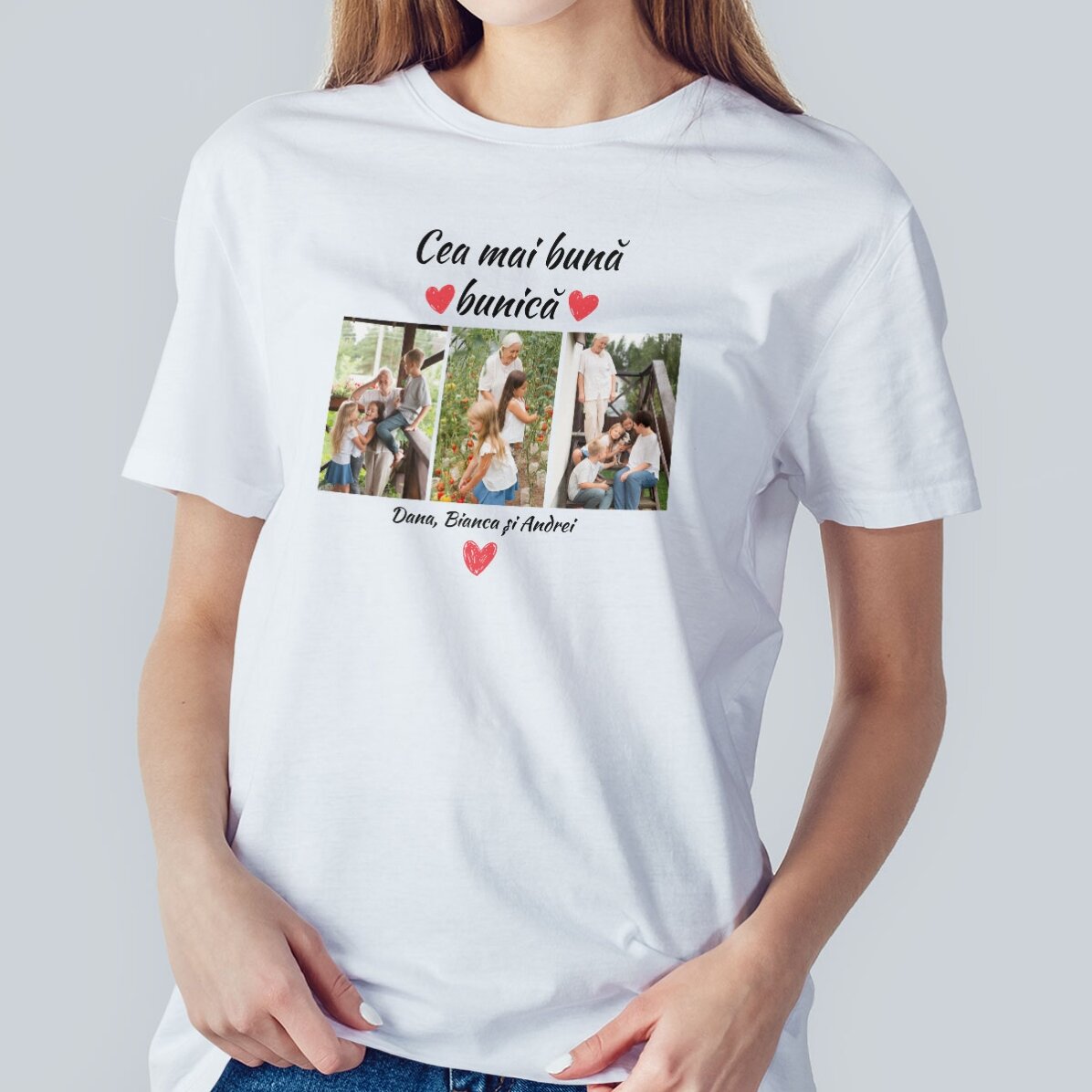 Maglietta in cotone personalizzata con 3 foto e una scritta - I nonni migliori