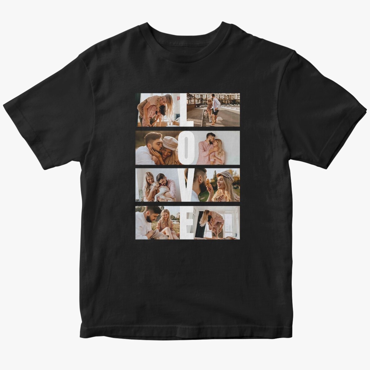 Maglietta in cotone personalizzata con 8 foto e una scritta - LOVE
