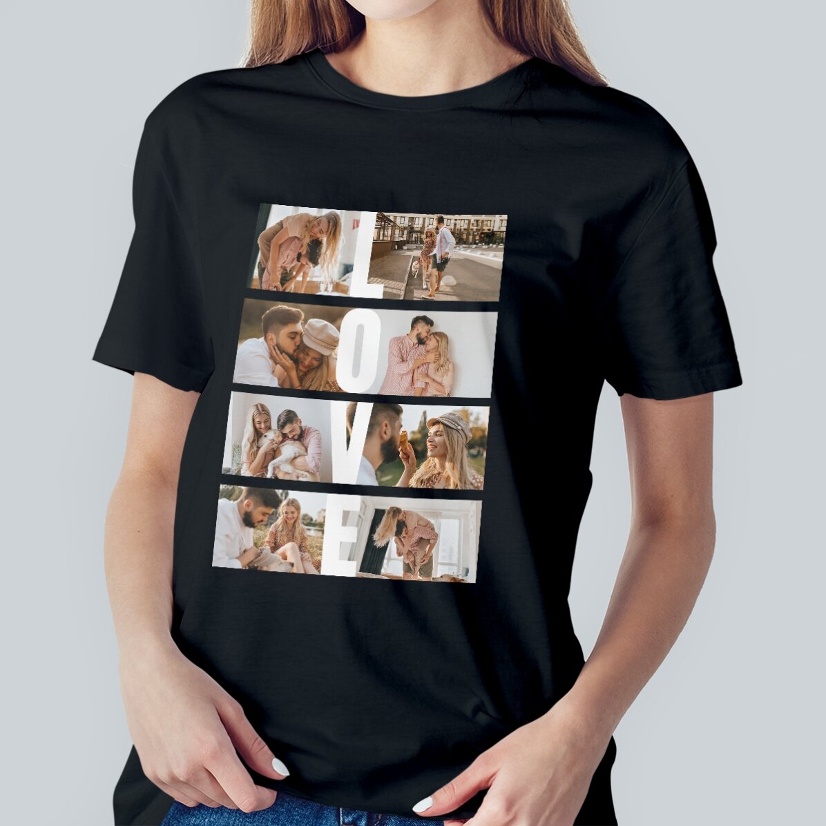Maglietta in cotone personalizzata con 8 foto e una scritta - LOVE