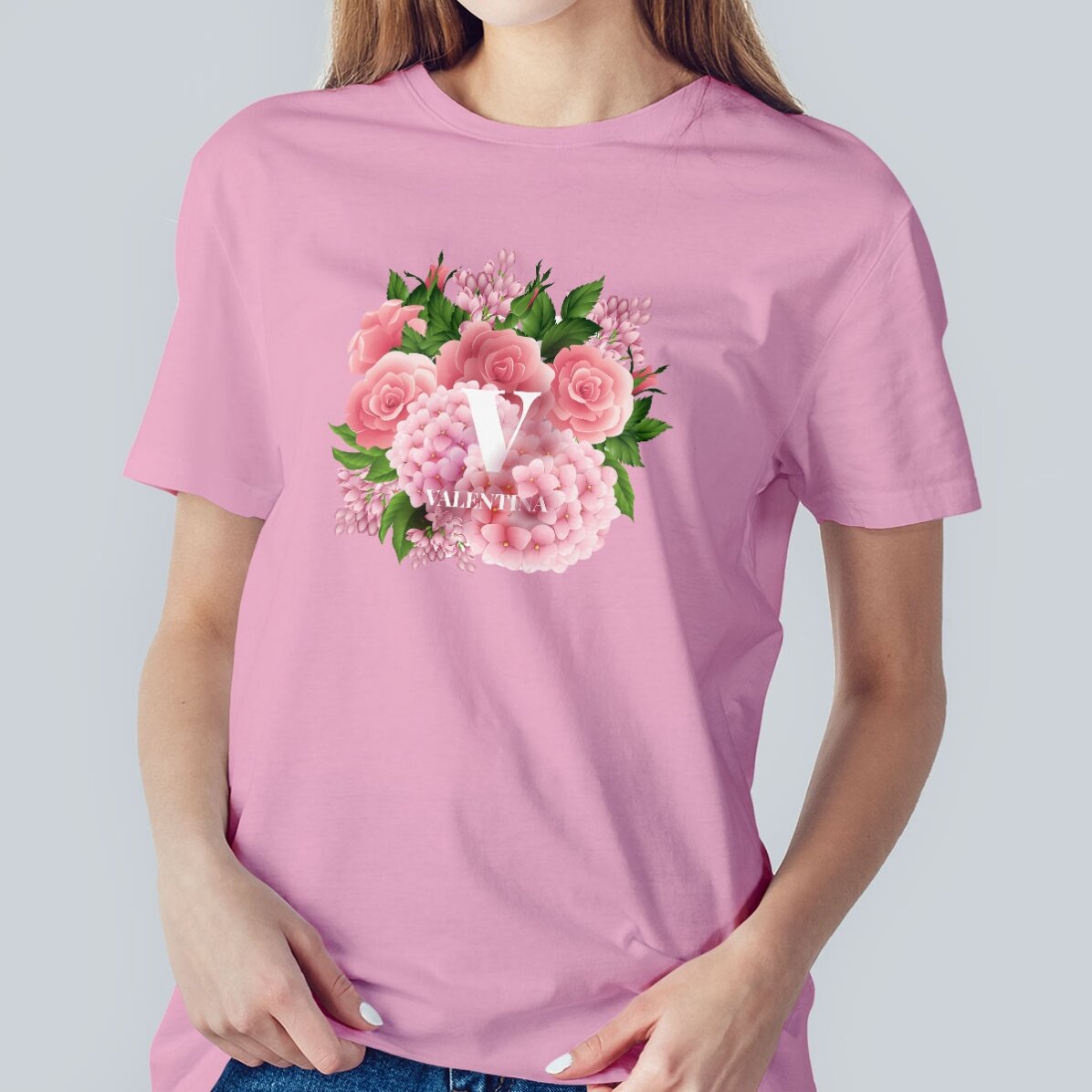Maglietta in cotone personalizzata con iniziale e nome - Fiori di primavera