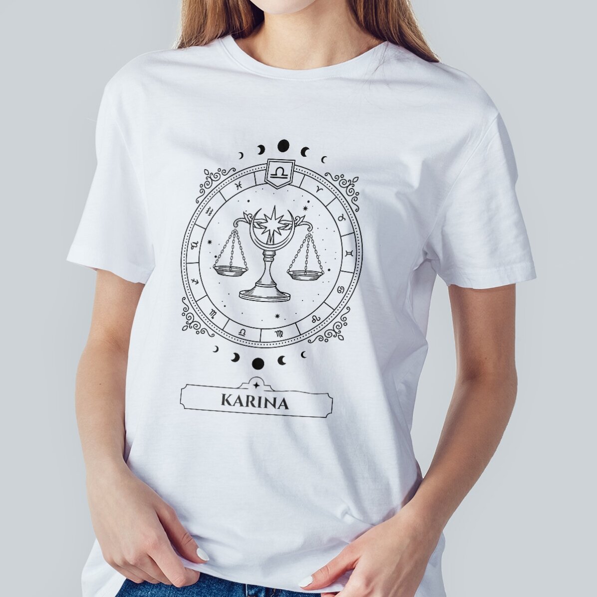 Maglietta in cotone personalizzata con nome e segno zodiacale - Bilancia