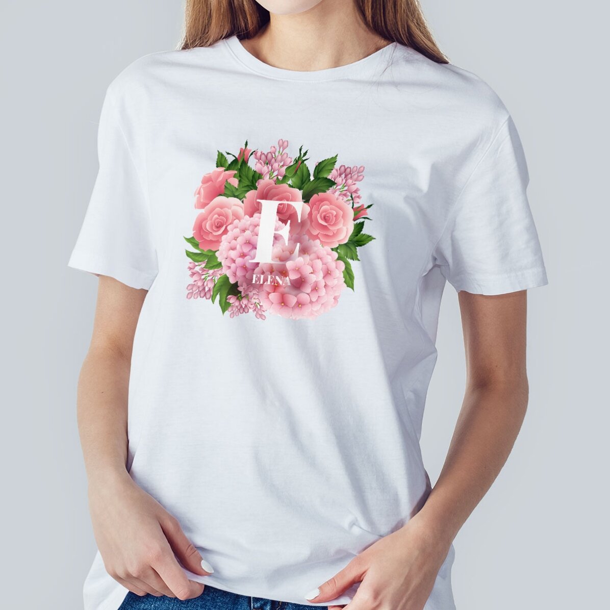 Maglietta in cotone personalizzata con iniziale e nome - Fiori di primavera