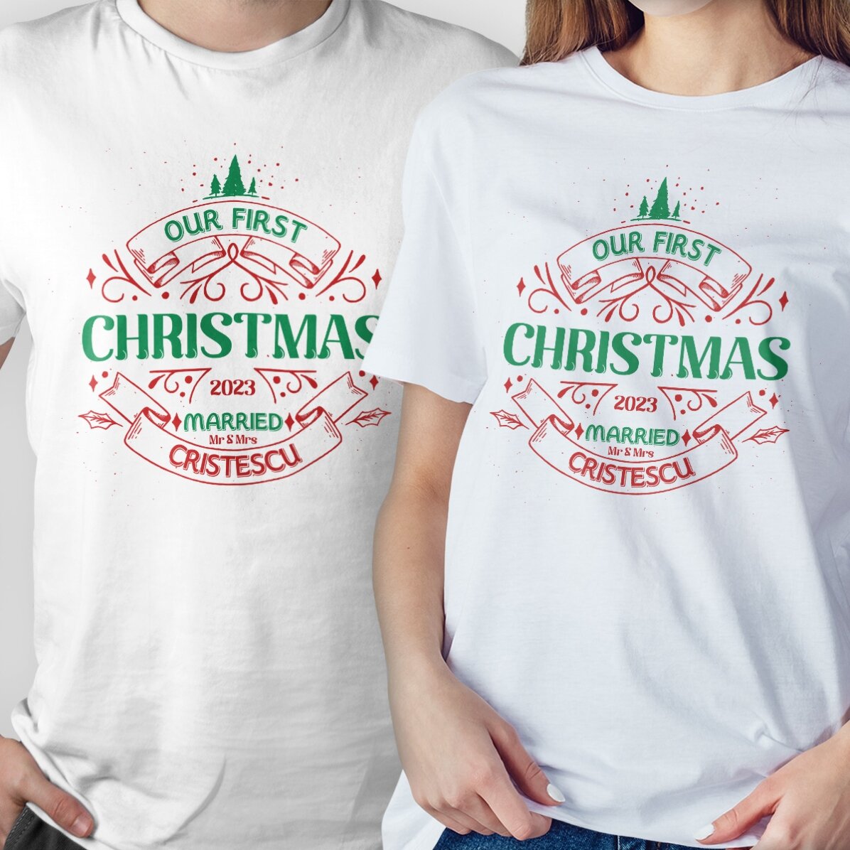 Maglietta in cotone personalizzata con la scritta "Our first Christmas"