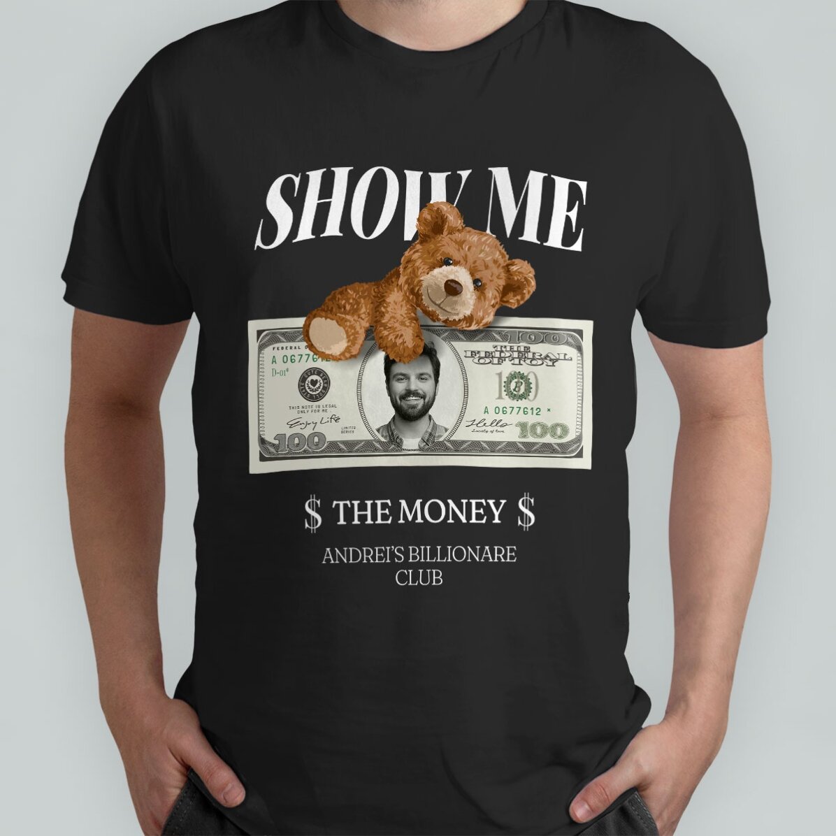 Maglietta in cotone personalizzata con foto e testo - Show me the money